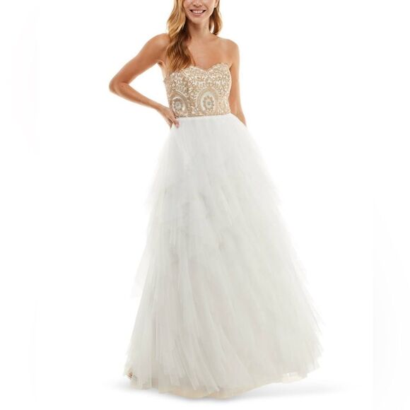 SAY YES TO THE PROM Juniors' Embellished Strapless Cascade Gown, evening dress 5 - Picture 1 of 16